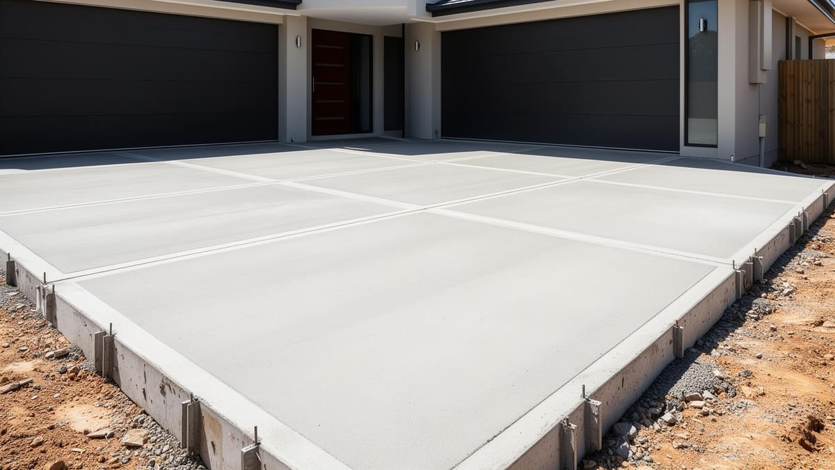 Freshly poured concrete driveway with crisp expansion joints