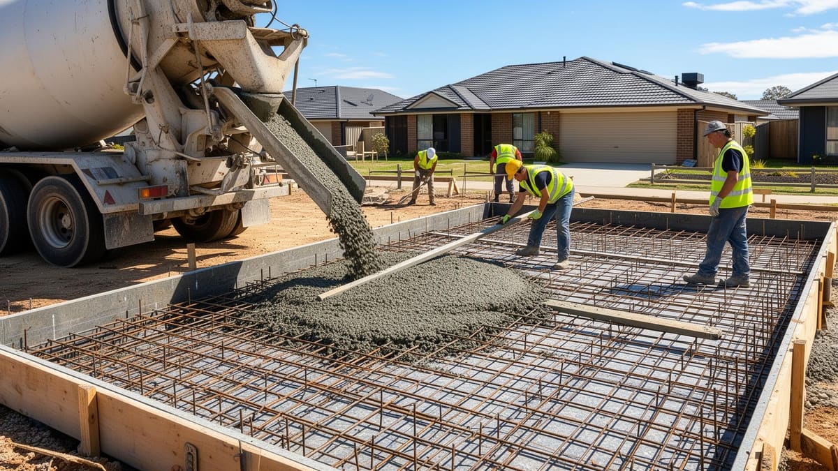 Workers pouring a reinforced concrete slab from a concrete truck