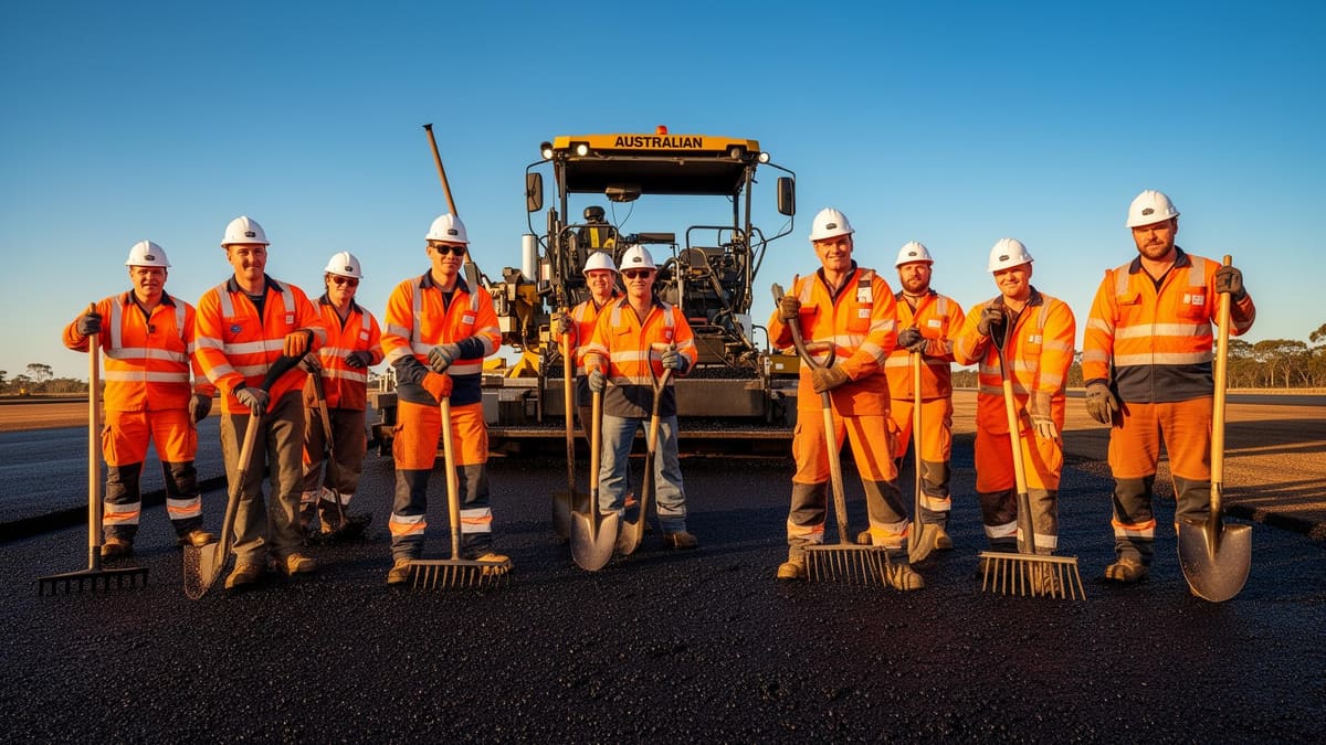 Australian asphalt crew in hi-vis posing in front of an asphalt paver at golden hour