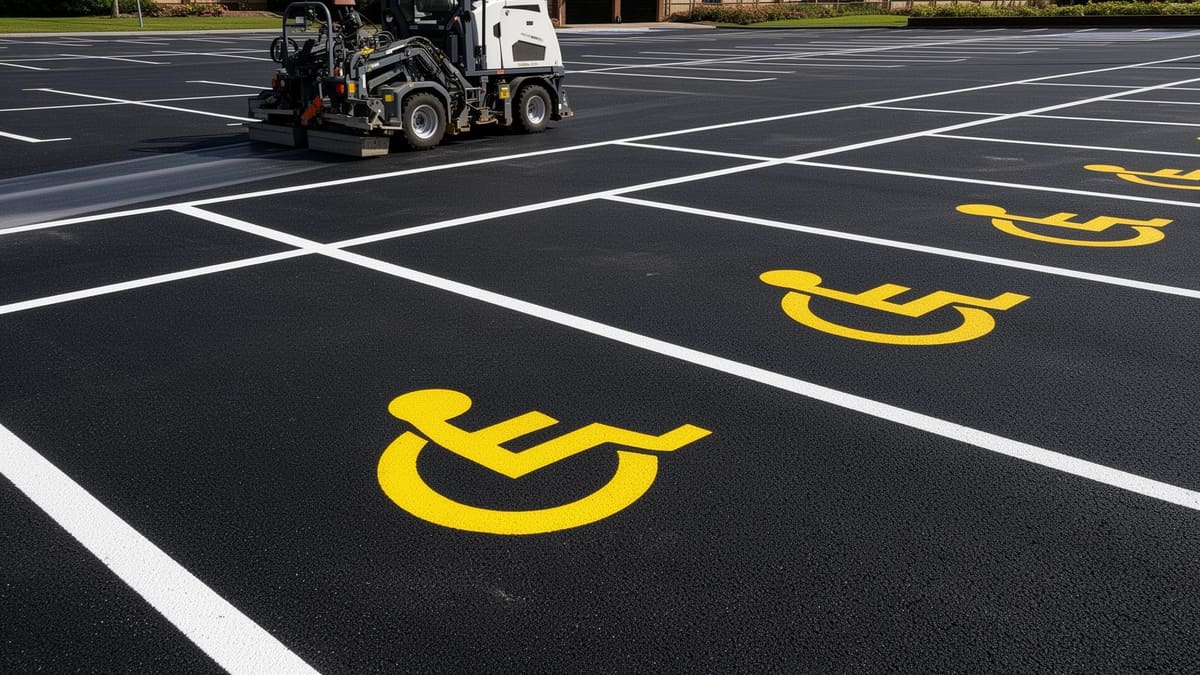 Crisp white and yellow line marking on fresh black asphalt car park