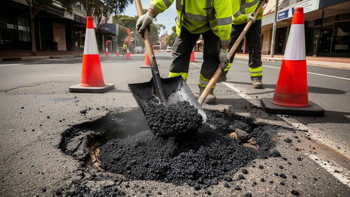 Workers repairing a pothole with hot-mix asphalt on a city street
