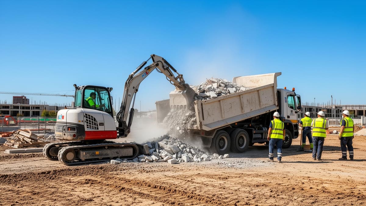 Excavator loading construction debris into a tipper truck on a civil site clean-up
